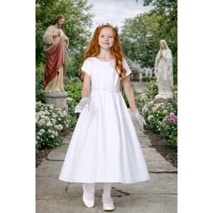 NEW Girls First Holy Communion Dress Size 8 -Satin Silver Corded Trim Tea-Length